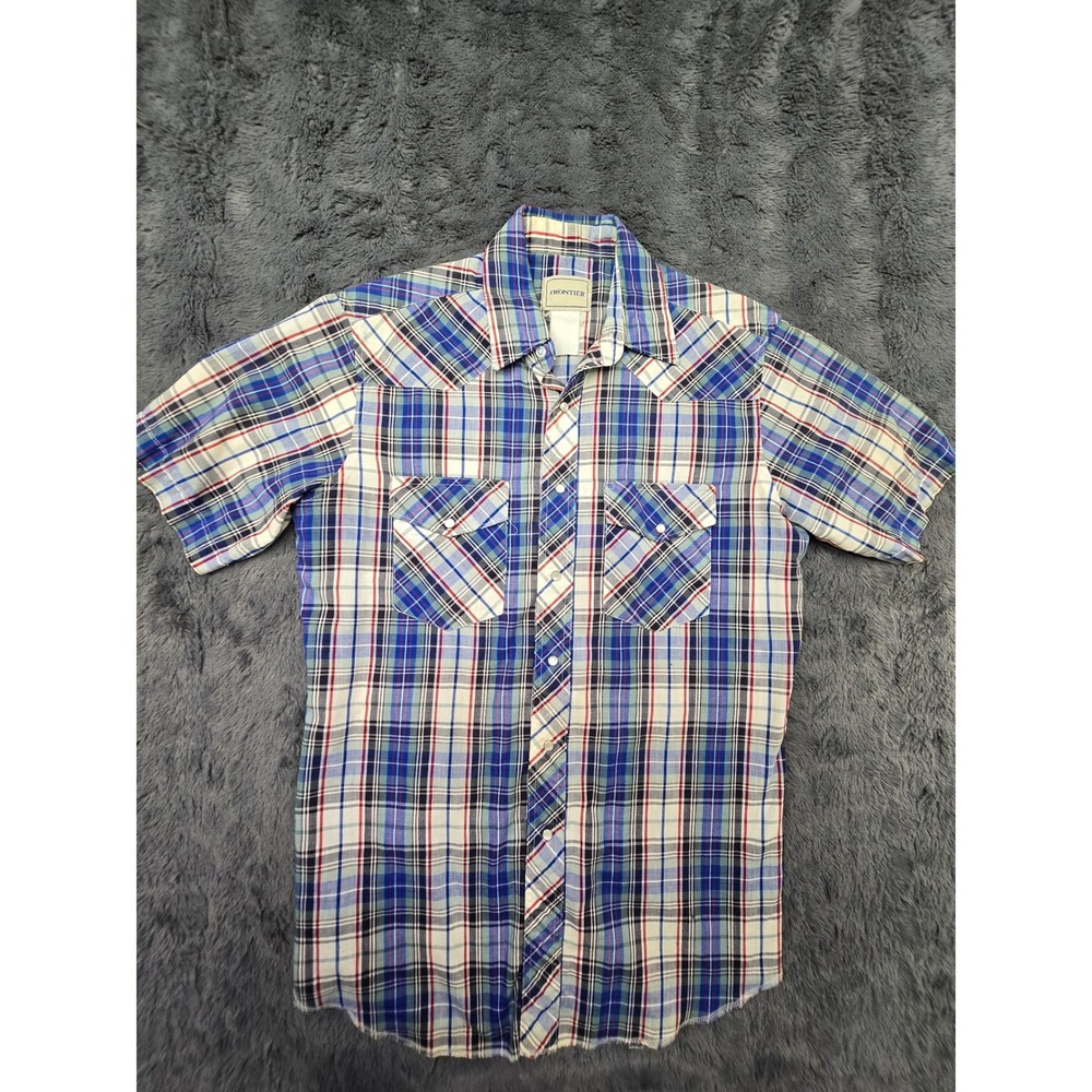 Frontier Vintage Pearl Snap Shirt Mens Blue Plaid Short Sleeve Western Cowboy